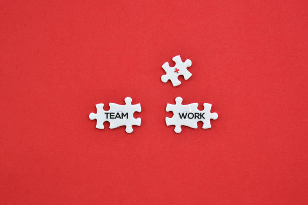 istock 'Team, work and plus symbol' word on white puzzles top view concept. 1301090466