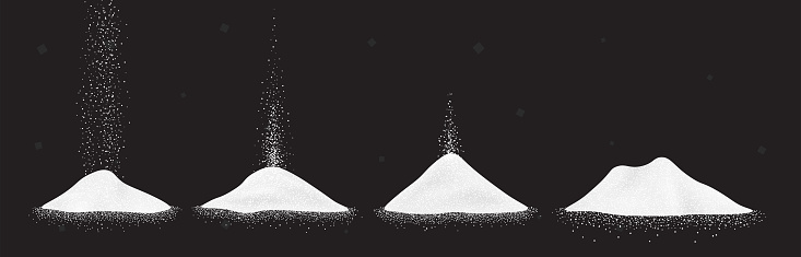 Sugar, salt or flour heap. Vector illustration set of white falling powder on black background