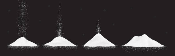 Sugar, salt or flour heap. Vector illustration set of white falling powder on black background. Sugar, salt or flour heap. Vector illustration set of white falling powder on black background salt pile stock illustrations