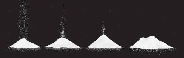 Vector illustration of Sugar, salt or flour heap. Vector illustration set of white falling powder on black background.