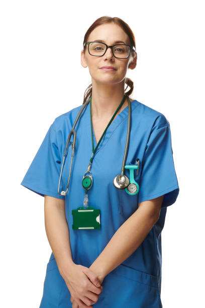 female junior doctor  in scrubs - female nurse nurse scrubs female doctor imagens e fotografias de stock