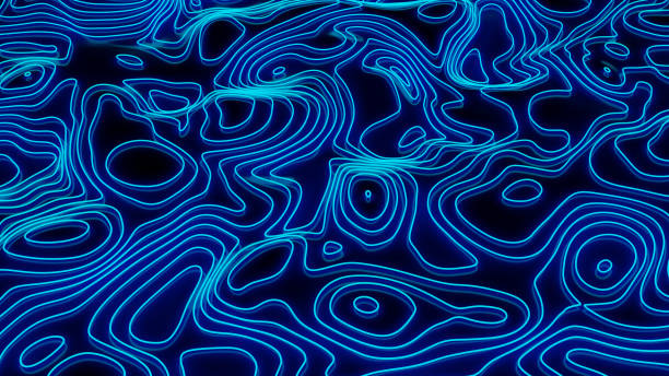 fondo del mapa de contorno topográfico. terreno con líneas azules brillantes. alivio 3d renderizado. - topographic map fotos fotografías e imágenes de stock