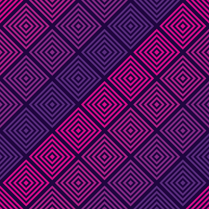 Vector geometric seamless pattern with colorful squares, rhombuses, grid. Abstract texture in sport style with gradient effect. Urban art. Trendy background in bright colors, pink, purple, black