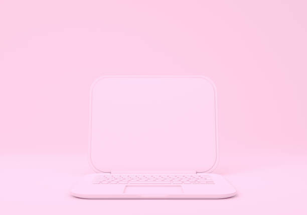 istock Pink laptop with blank screen mockup on pink background 1301091502