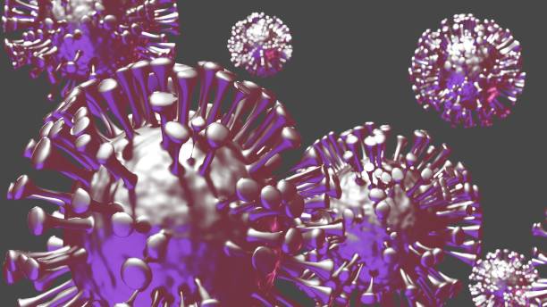 istock Stylized covid 19 purple virus close-up on dark background. 3D render 1301092478