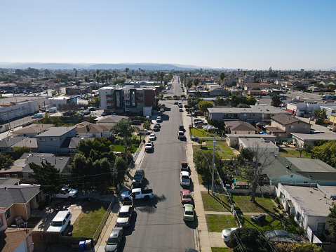 Aerial view of street and houses in Imperial Beach area in San Diego, California, USA