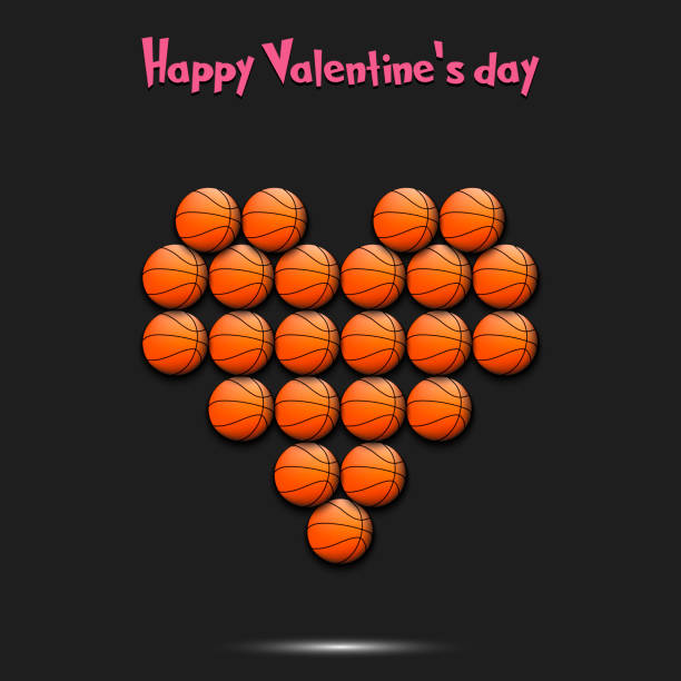 Valentines Day. Heart made of basketball balls Happy Valentines Day. Basketball balls located in the form of a heart. Design pattern on the basketball theme for greeting card, logo, emblem, banner, poster, flyer, badges. Vector illustration heart shaped basketball stock illustrations
