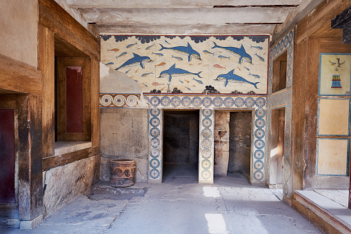 Dolphin fresco in Knossos, main palace. Bronze age excavations of Knossos town on the greek island of Crete
