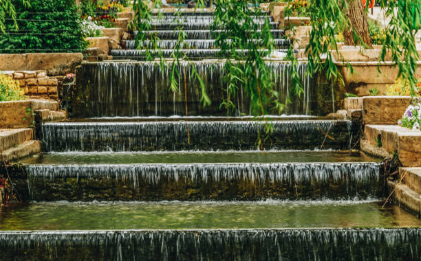 istock Water cascading down a steep waterfall in the park 1301097457