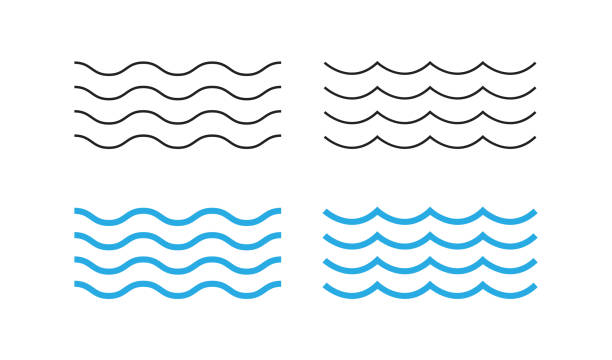 meer-wellen-symbol gesetzt. wasser-logo, linie ozean-symbol in vektor flach - wellenmuster stock-grafiken, -clipart, -cartoons und -symbole