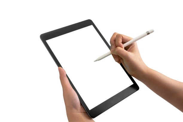 istock hand holding and using white stylus or pen on digital tablet screen isolated on white background with clipping path 1301102878