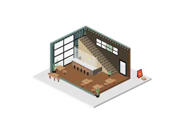 Vector illustration of Isometric Coffee Shop Interior - Inside of a Cafe during Pandemic