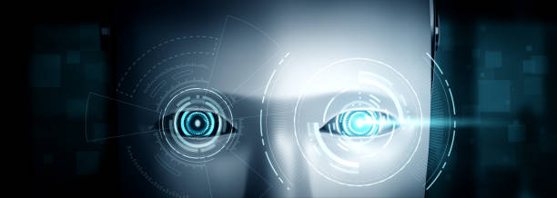 istock Robot humanoid face close up with graphic concept of AI thinking brain 1301105956