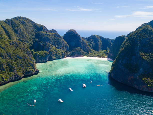 aerial view of Maya Bay at Phi Phi Island aerial view of Maya Bay at Phi Phi Island,nature phi phi islands stock pictures, royalty-free photos & images
