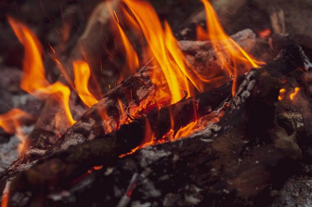 istock Blurred background. Small flame dying fire, bright red-orange flame. Cozy warm atmosphere by outdoors campfire recreation, burning wood. 1301106992
