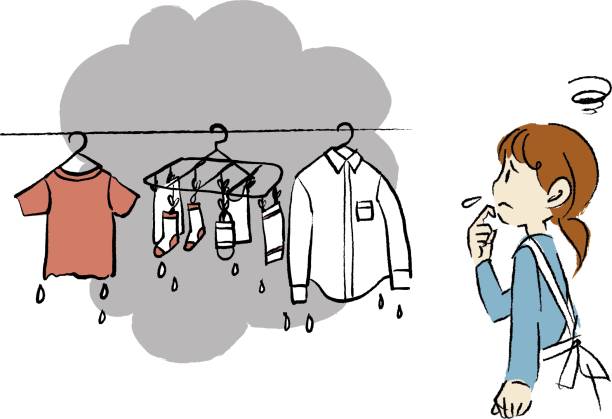 Laundry cloudy, not dry illustration Laundry cloudy, not dry illustration clothes smell bad during the rainy season stock illustrations