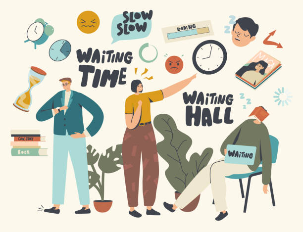Long Wait, Slow Time Concept. Tired Bored Male or Female Characters Too Long Waiting in Office Hall, Airport or Hospital Long Wait, Slow Time Concept. Tired Bored Male and Female Characters Too Long Waiting in Office Hall, Airport or Hospital Lobby. Men and Women Look on Watch, Sleep. Cartoon People Vector Illustration anticipation illustrations stock illustrations