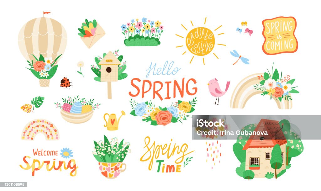 Collection Various Spring Elements On White Background In Flat Style ...