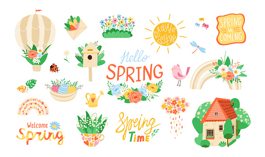 Spring Construction Graphics Collection Various Spring Elements On White Background In Flat Style ...