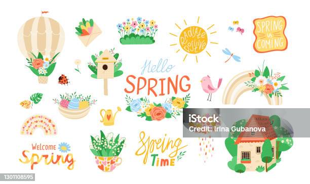 Spring Background Element Collection Various Spring Elements On White Background In Flat Style ...