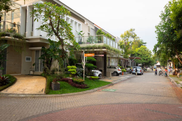 A street in a typical middle class Indonesian housing complex or compound in Jakarta stock photo