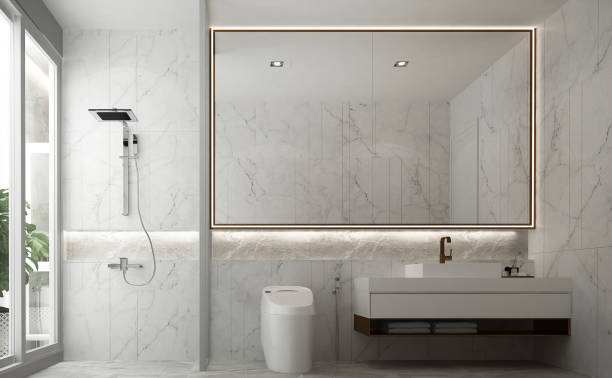 istock Modern bathroom interior design, mock up room,marble wall background 1301116790