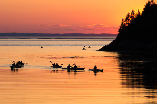 kajakfahrer bei sonnenuntergang in bic nationalpark bei sonnenuntergang, quebec, kanada - kayaking kayak sea coastline stock-fotos und bilder