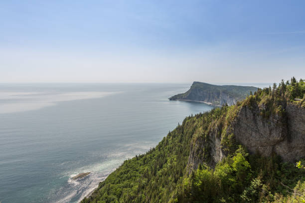 View from Mountain Summit of Forillon National Park, Gaspe Peninsula, Quebec, Canada View from Mountain Summit of Forillon National Park, Gaspe Peninsula, Quebec, Canada forillon national park stock pictures, royalty-free photos & images