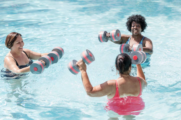 istock Three senior women doing water aerobics 1301118695
