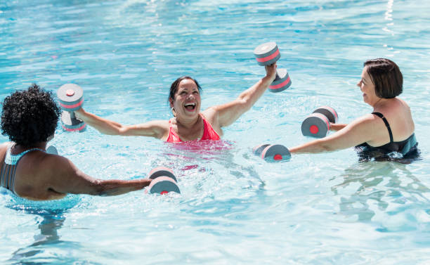 istock Three senior women doing water aerobics 1301118711