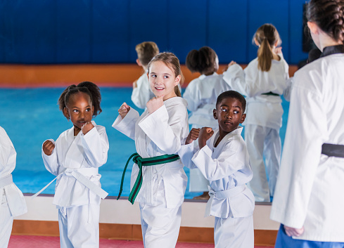 A multi-ethnic group of children, 6 to 9 years old, taking a taekwondo class. They are standing in a row facing the instructor. They are wearing doboks with different colored belts indicating their level of skill.