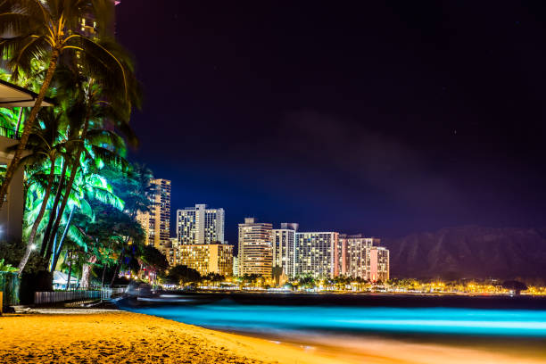 istock Waikiki beach cityscape at night 1301119634