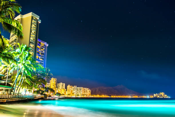 istock Waikiki beach cityscape at night 1301119666