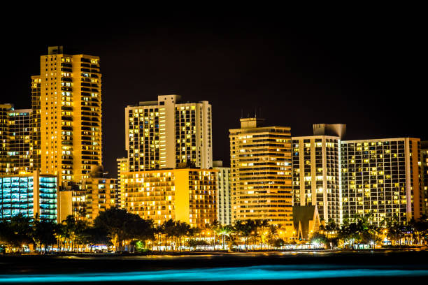 istock Waikiki beach cityscape at night 1301119674