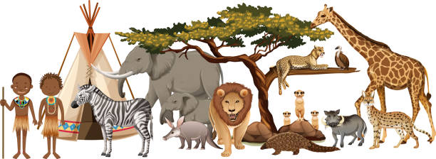 istock African tribe with group of wild african animal on white background 1301121407