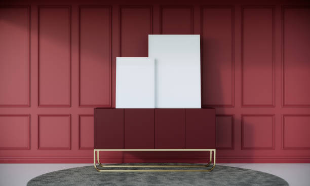 istock Blank picture frames mock up in red color room interior, 3d rendering 1301122268