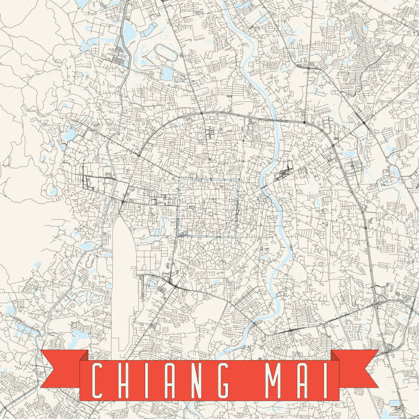 Chiang Mai, Thailand Vector Map Topographic / Road map of Chiang Mai, Thailand. Original map data is open data via © OpenStreetMap contributors. All maps are layered and easy to edit. Roads are editable stroke. abstract asia backgrounds bangkok stock illustrations
