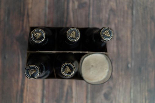16 June 2020 - Calgary , Alberta Canada - 6 pack of Guinness stout shot from above