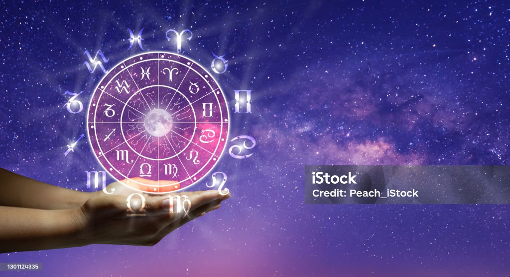 Zodiac wheel. Astrology concept. Astrological zodiac signs inside of horoscope circle. Astrology, knowledge of stars in the sky over the milky way and moon. The power of the universe concept. Astrology Stock Photo