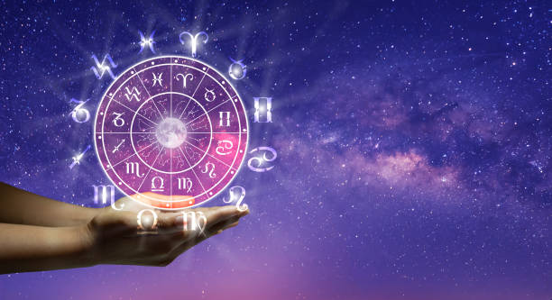 Zodiac wheel. Astrology concept. Astrological zodiac signs inside of horoscope circle. Astrology, knowledge of stars in the sky over the milky way and moon. The power of the universe concept. cancer astrology sign photos stock pictures, royalty-free photos & images
