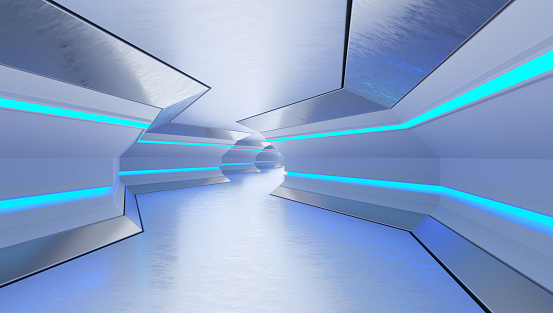 Futuristic Tunnel with Geometric Shapes and LED Lights