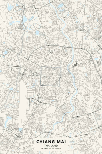 Chiang Mai, Thailand Vector Map Poster Style Topographic / Road map of Chiang Mai, Thailand. Original map data is open data via © OpenStreetMap contributors. All maps are layered and easy to edit. Roads are editable stroke. abstract asia backgrounds bangkok stock illustrations