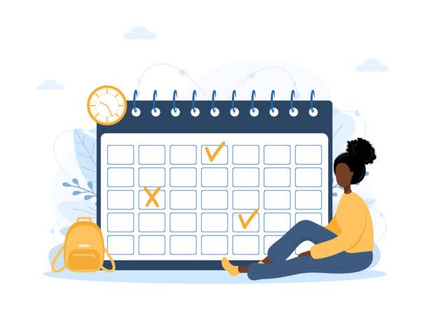 ilustraciones, imágenes clip art, dibujos animados e iconos de stock de planificación de mes o concepto de lista. mujer africana sentada cerca de un calendario gigante. programación de tareas, organización de procesos de trabajo. ilustración vectorial en estilo de dibujos animados planos - checklist clipboard organization document