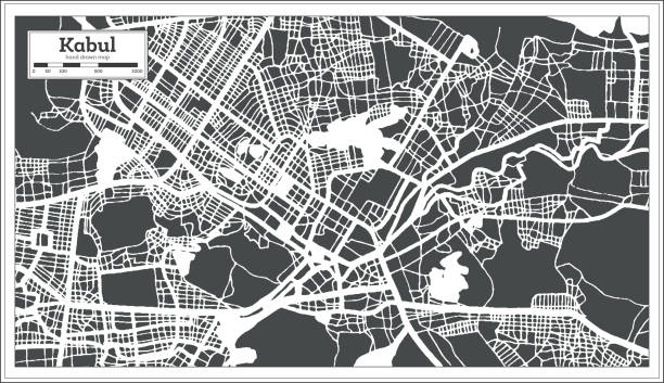レトロなスタイルで黒と白の色でカブールアフガニスタン市地図。アウトライン マップ。 - カブール点のイラスト素材／クリップアート素材／マンガ素材／アイコン素材