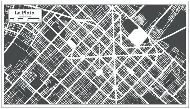 Vector illustration of La Plata Argentina City Map in Black and White Color in Retro Style. Outline Map.