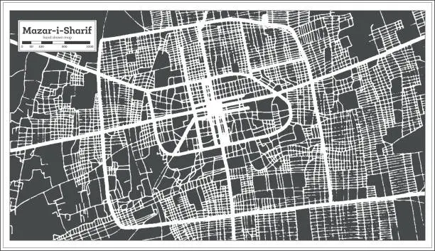 Vector illustration of Mazar-i-Sharif Afghanistan City Map in Black and White Color in Retro Style. Outline Map.