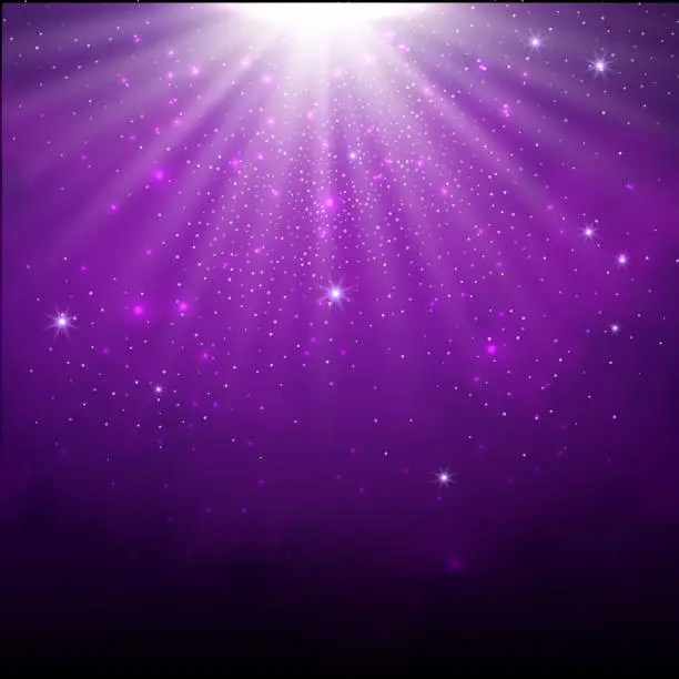Vector illustration of Purple spotlight. Bright lighting with spotlights of the stage with purple dust on dark background