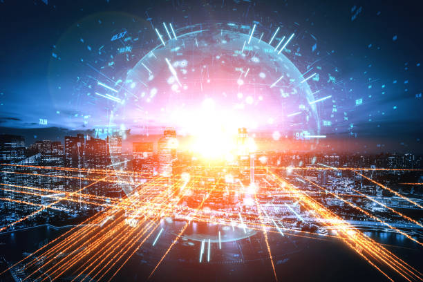 istock Smart city technology with futuristic graphic of digital data transfer 1301127372