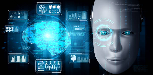 istock Robot humanoid face close up with graphic concept of big data analytic 1301127699