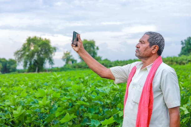 istock young indian farmer with smartphone at field 1301128399